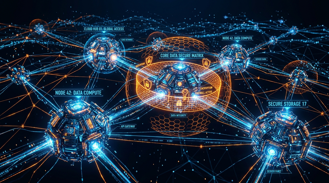 Futuristic 3D Cloud Infrastructure Node Interconnection and Data Security Matrix