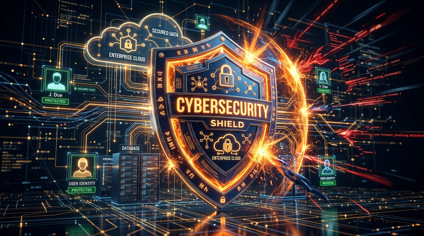 3D Cybersecurity Shield Protecting Enterprise Cloud Network and User Identities