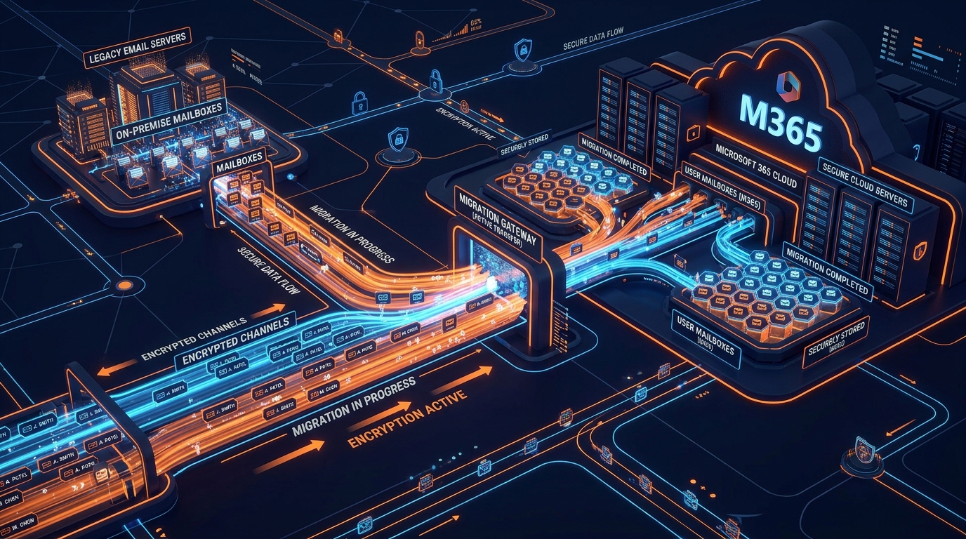 Secure Email Migration Solutions Network Data Flow 3D Visualization