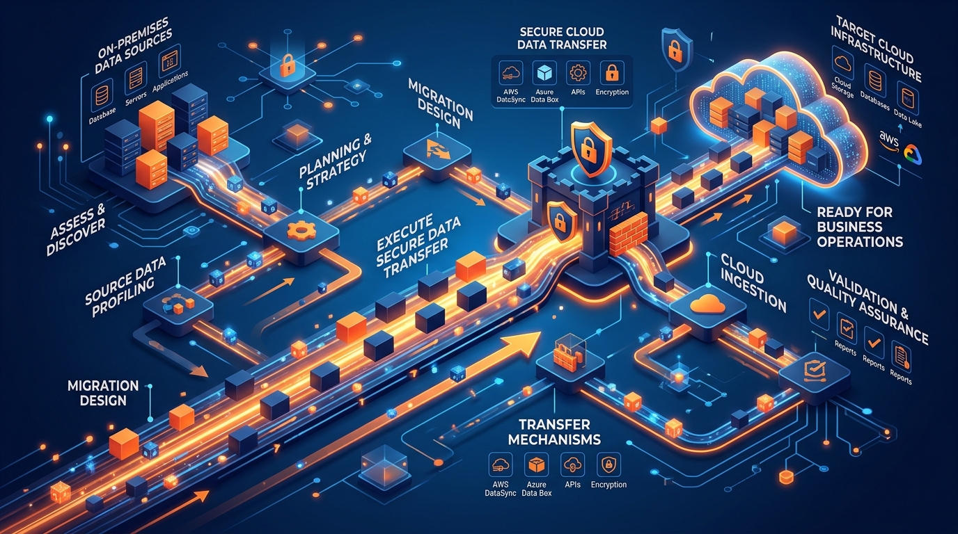 3D Enterprise Data Streamlined Migration Flowchart Showing Secure Cloud Data Transfer