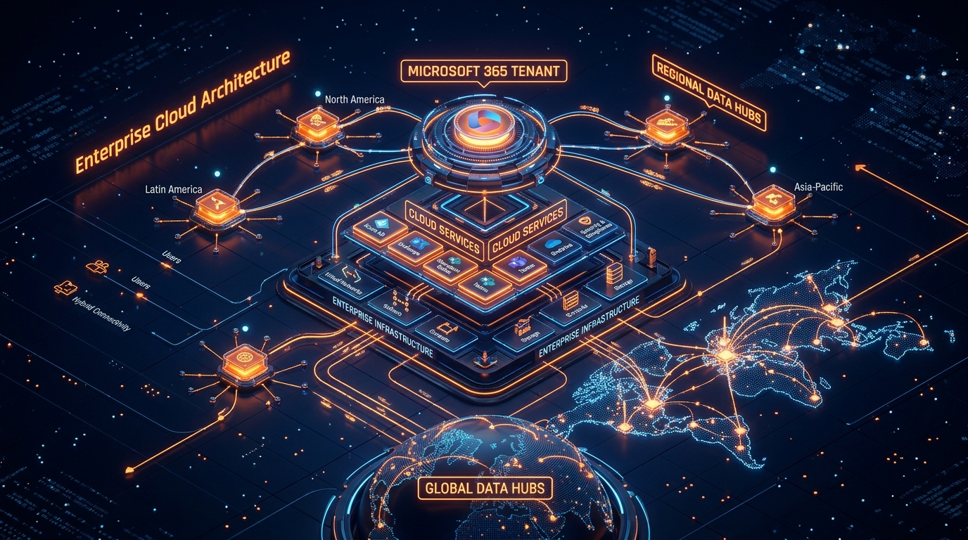 Enterprise Cloud Architecture and Microsoft 365 Tenant Topology 3D Render