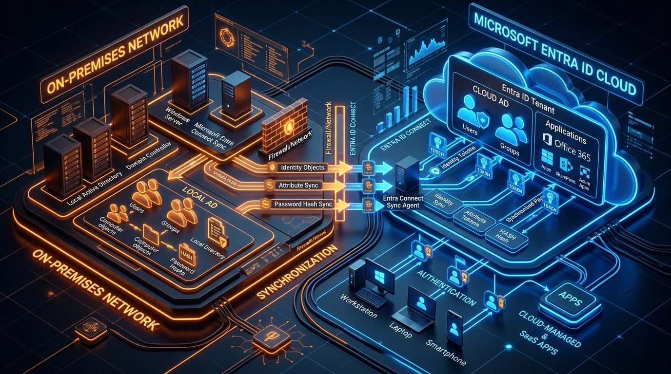 3D Rendered Enterprise Directory Integration Architecture with Entra ID and Active Directory