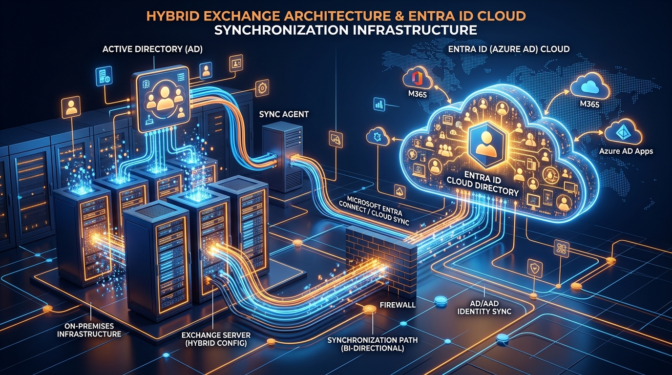 3D Visual Representation of Hybrid Exchange Architecture and Entra ID Cloud Synchronization Infrastructure