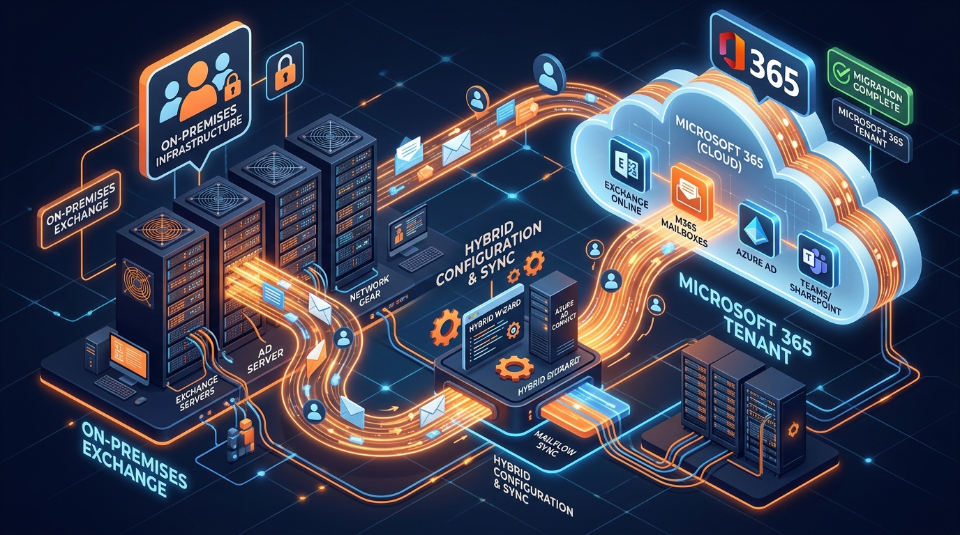 3D Isometric Visual of Hybrid Exchange to Microsoft 365 Migration Flow