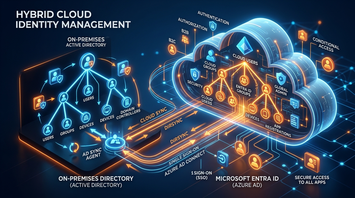 Hybrid Cloud Identity Management and Entra ID Topology 3D Graphic