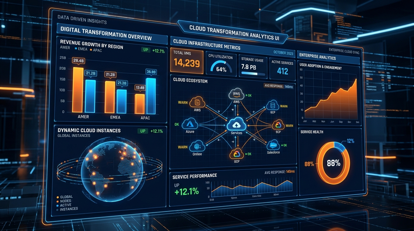 Futuristic 3D Digital Transformation Dashboard and Cloud Analytics
