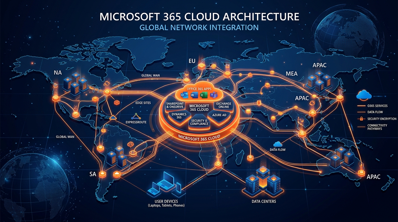 3D Rendering of Enterprise Microsoft Office 365 Cloud Architecture and Global Network Integration