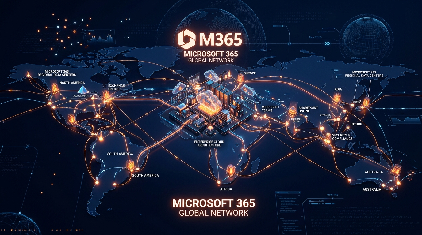 High-Tech 3D Enterprise Cloud Architecture and Microsoft 365 Global Network Visualization
