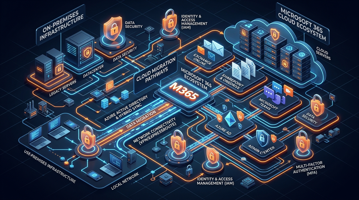3D Rendered Architectural Illustration of Enterprise Microsoft 365 Cloud Migration and Identity Ecosystem