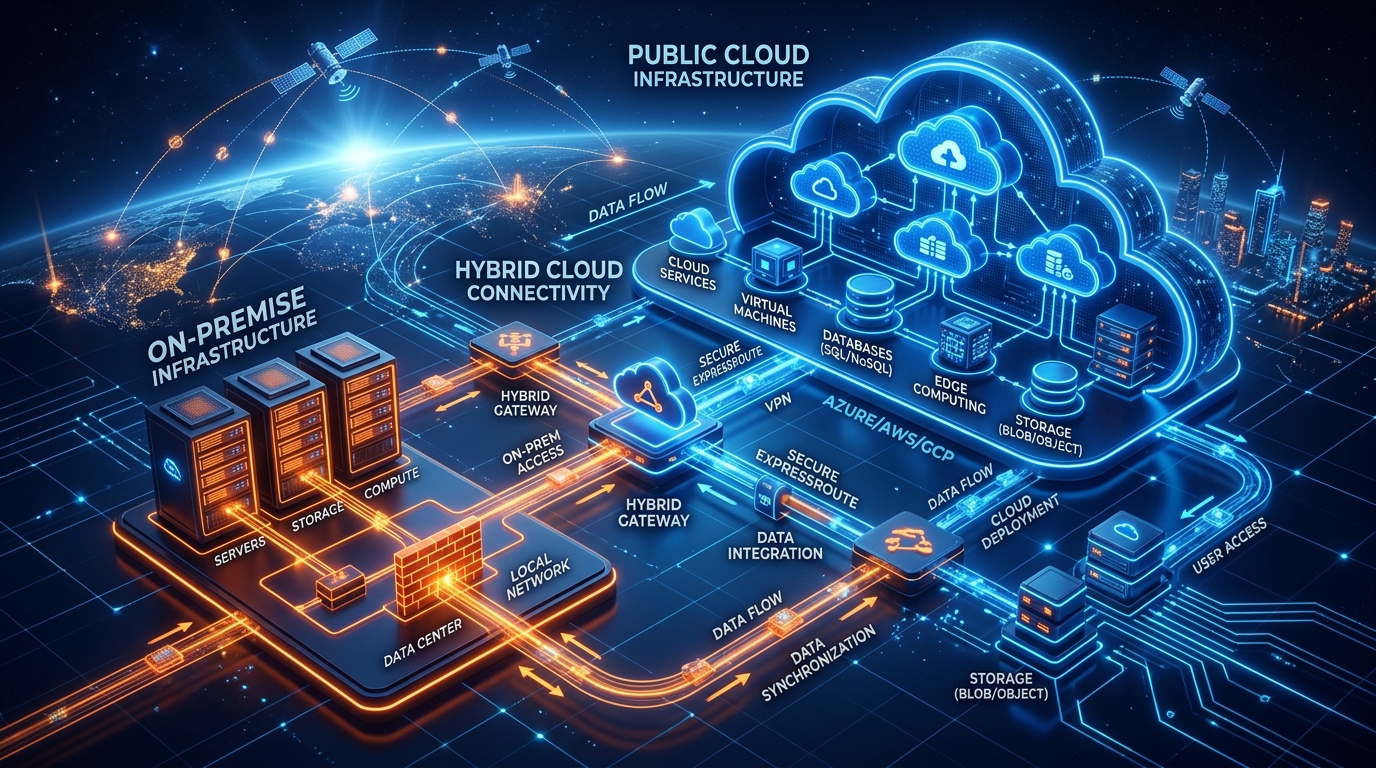 Futuristic 3D Hybrid Cloud Infrastructure and Data Flow Diagram