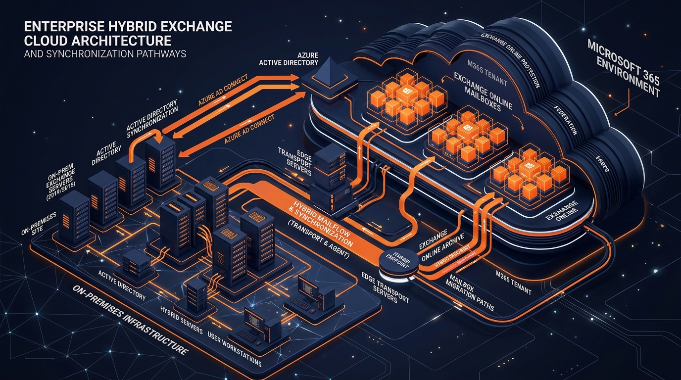 High-Tech 3D Rendering of Enterprise Hybrid Exchange Cloud Architecture and Synchronization Pathways