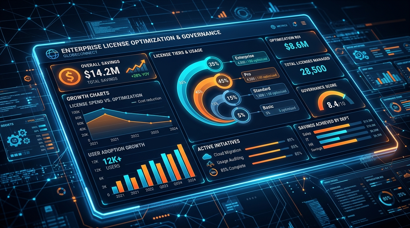 3D Digital Visualization of Enterprise License Optimization and Governance Dashboard
