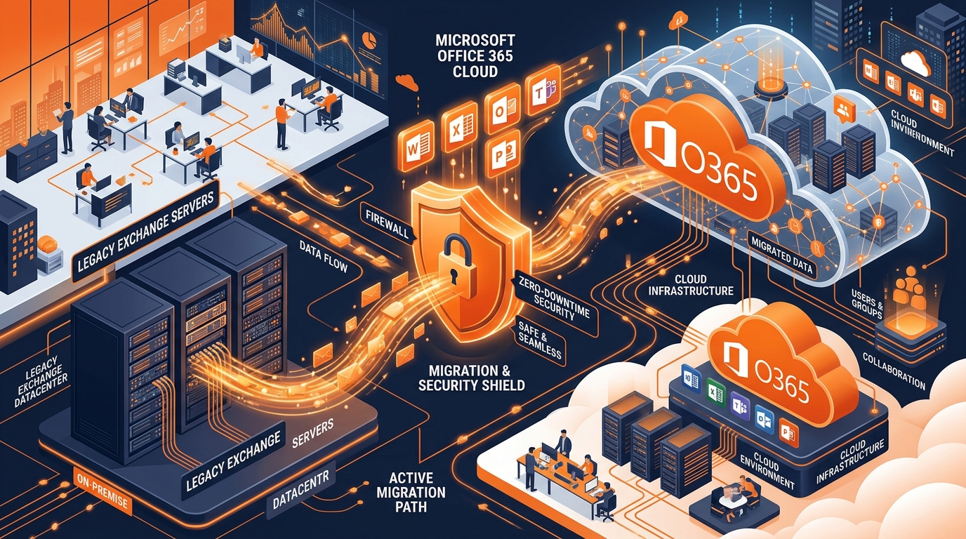 Enterprise Office 365 Migration Services Diagram showing zero downtime cloud transition
