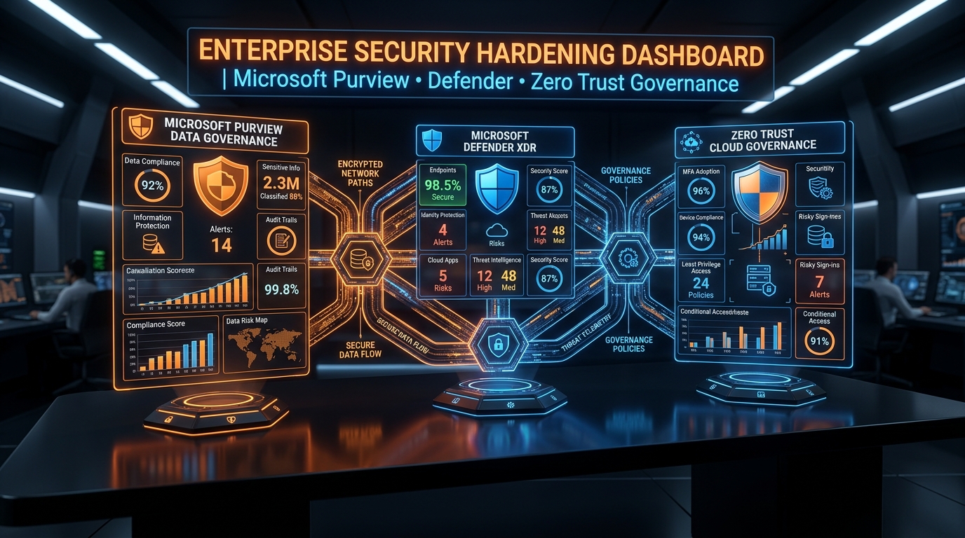 3D Security Hardening Dashboard Displaying Microsoft Purview Defender and Zero Trust Cloud Governance