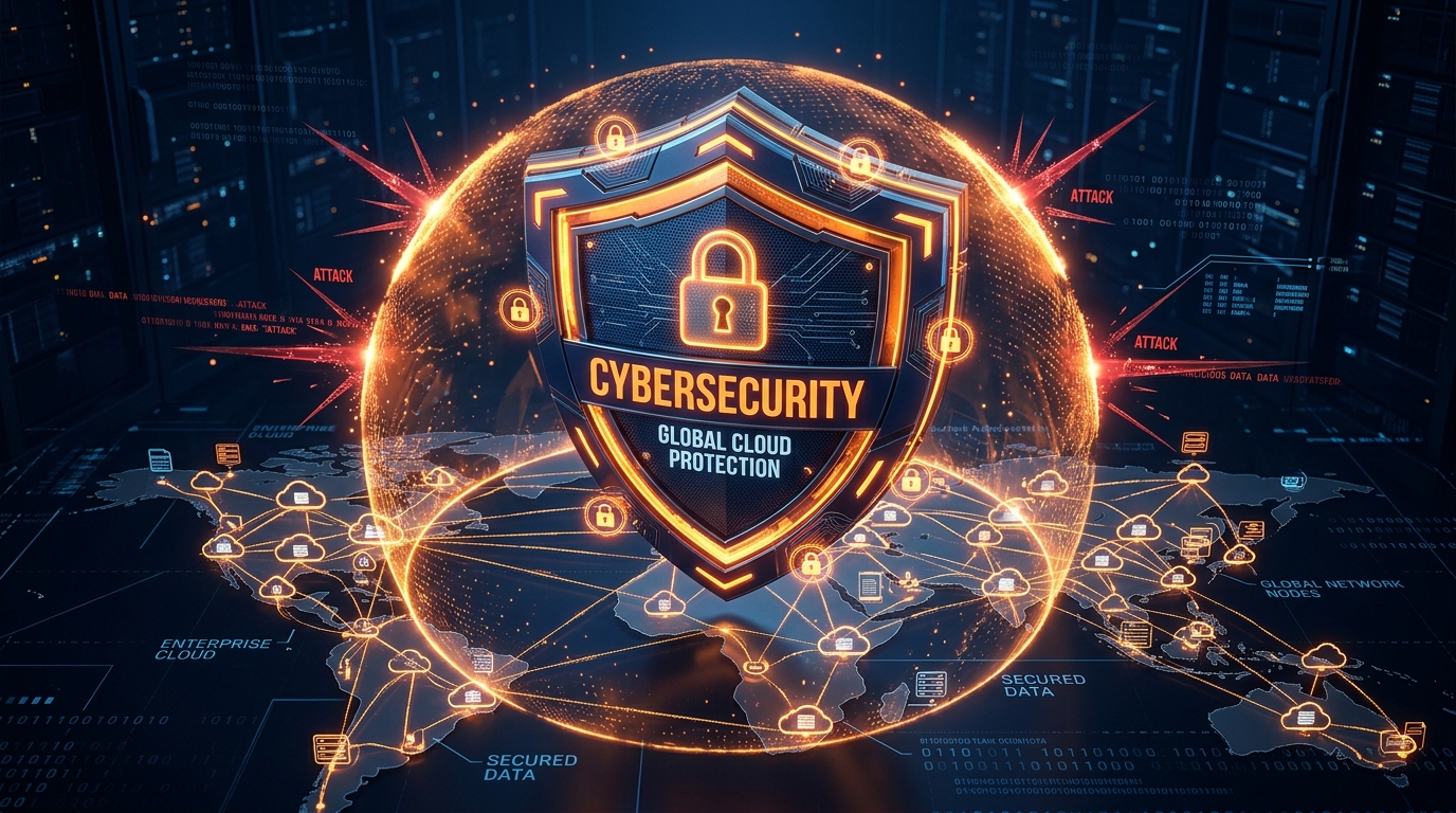 Cybersecurity 3D Shield Protecting Global Enterprise Cloud Network