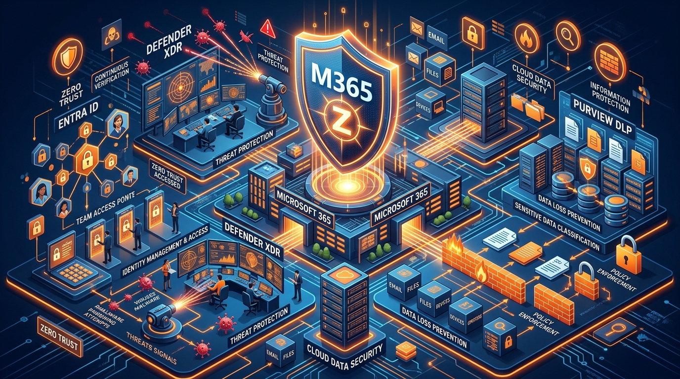 High-Tech 3D Conceptual Visualization of Microsoft 365 Zero Trust Security and Data Protection Layer