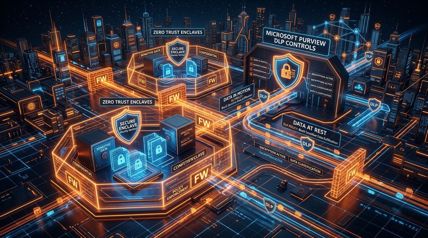 3D Cyber Security Infrastructure Illustrating Zero Trust Enclaves and Microsoft Purview DLP Controls