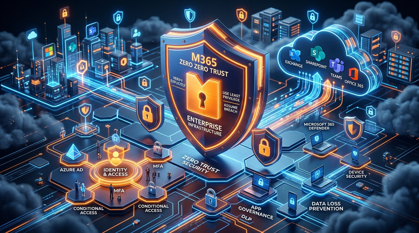3D Render of Enterprise Zero Trust Security Infrastructure in Microsoft 365 Cloud