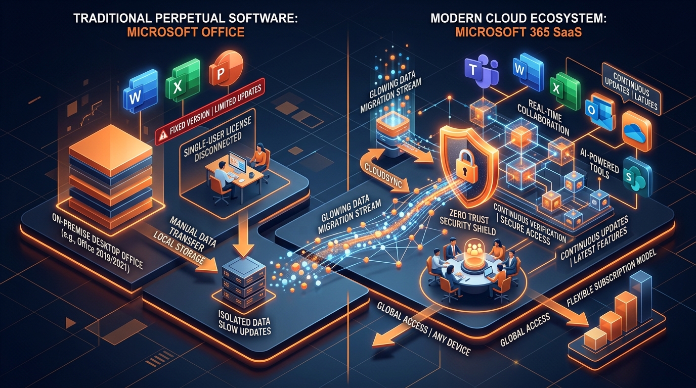 Microsoft Office vs 365 Enterprise Hybrid Cloud Architecture Comparison Diagram