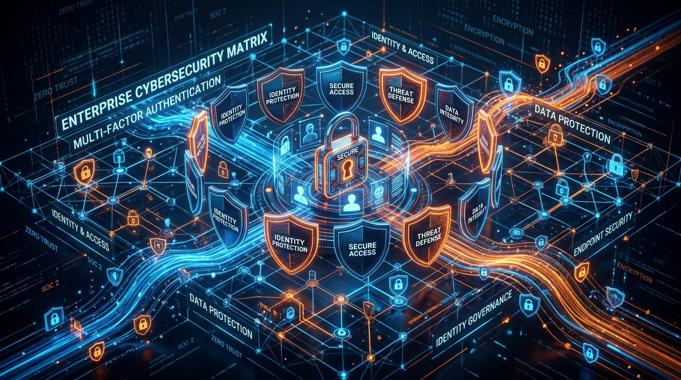 Enterprise Cybersecurity Matrix and Identity Protection 3D Graphic