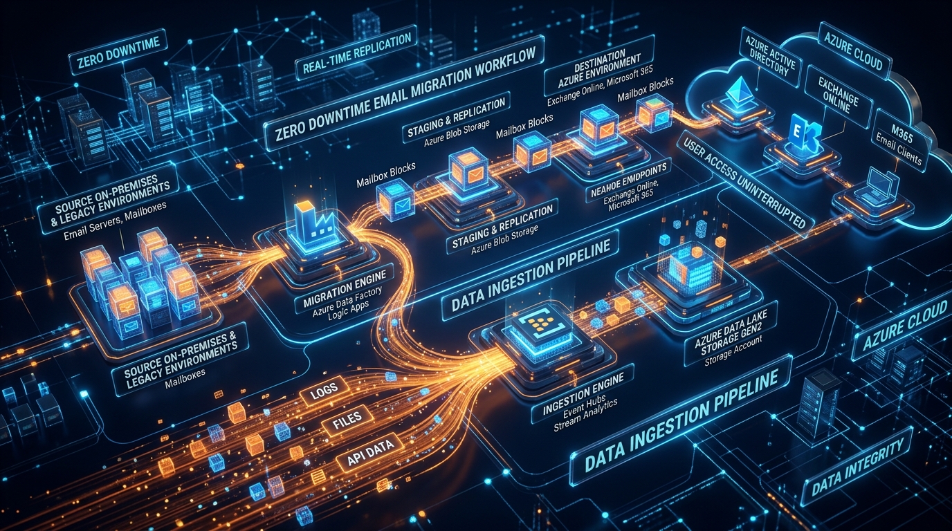 3D Visualizing Enterprise Zero Downtime Email Migration Workflow and Data Ingestion Pipeline